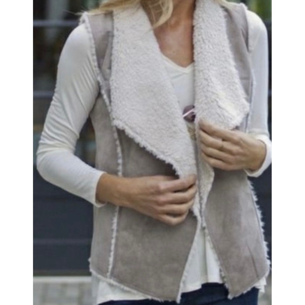 THML Women's Small‎ Faux Suede Sherpa Lined Vest Sleeveless Jacket Tan Brown S